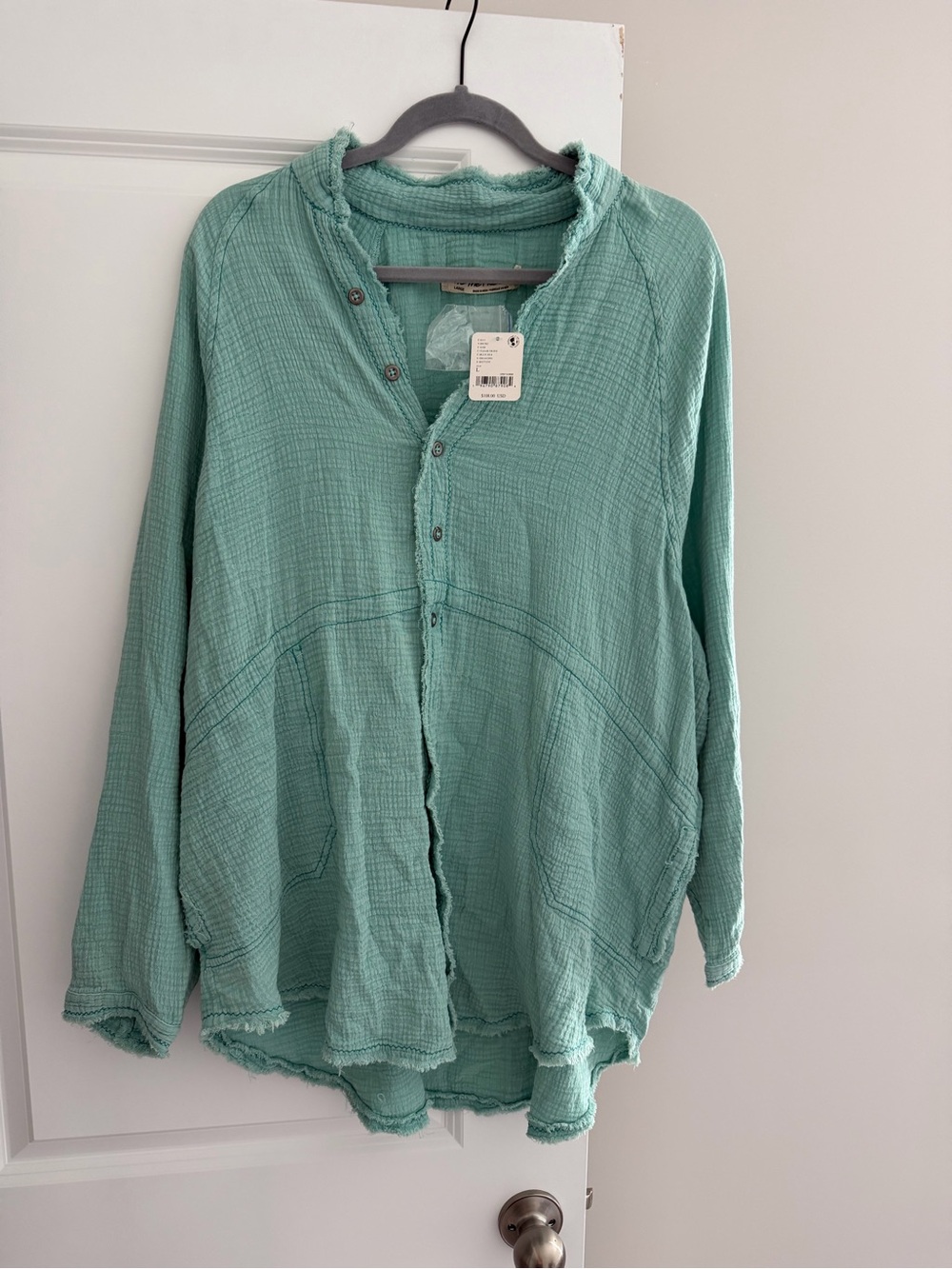 Free People Light Teal Textured Gauze Long Sleeve Button Top